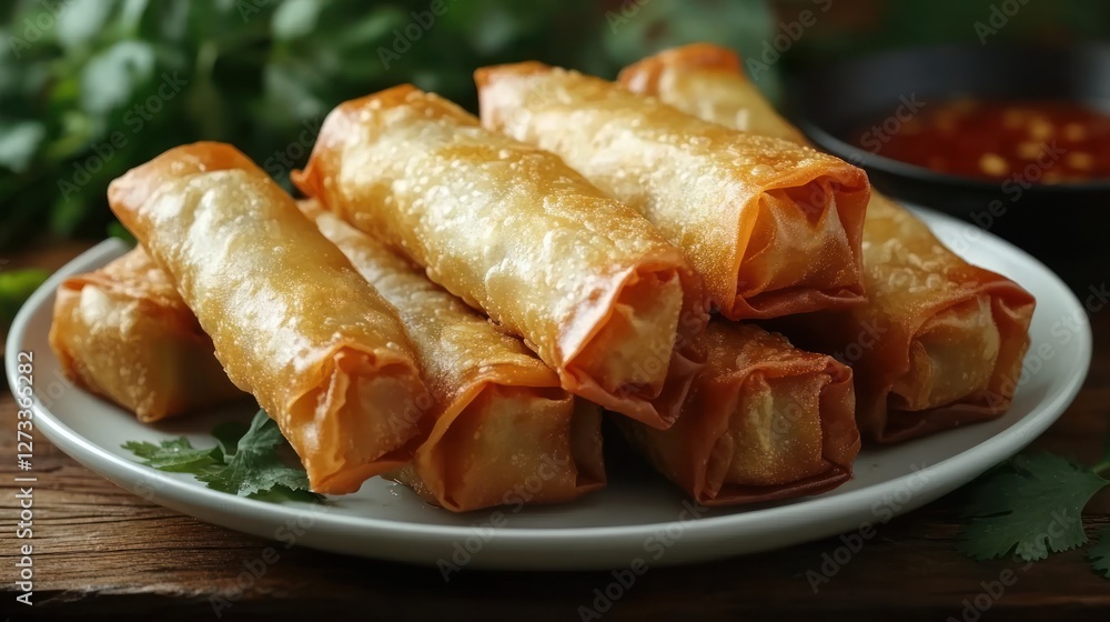 Crispy spring rolls on plate, wooden table, sauce in background Crispy spring rolls on plate, wooden table, sauce in background