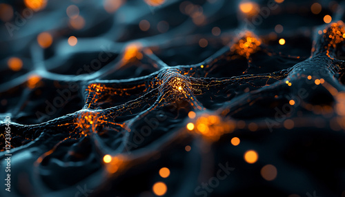 Macro photography science. Abstract network of glowing nodes and connections on a dark background.