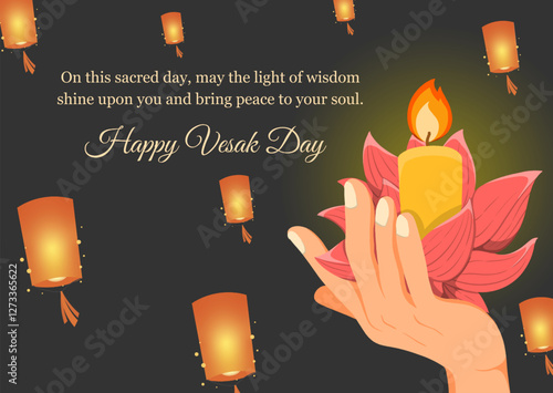 Vesak day concept wishes greeting card with hand holding lotus illustration. Background vector. Happy Vesak day celebration design poster, flyer, banner.