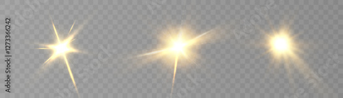 Bright golden sun light effect in horizontal projection with rays and many small particles for vector illustration.