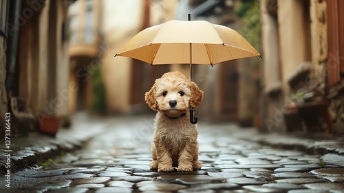 Fototapeta Naklejka Na Ścianę i Meble -  Plush puppy under a small umbrella in village square cobblestone streets