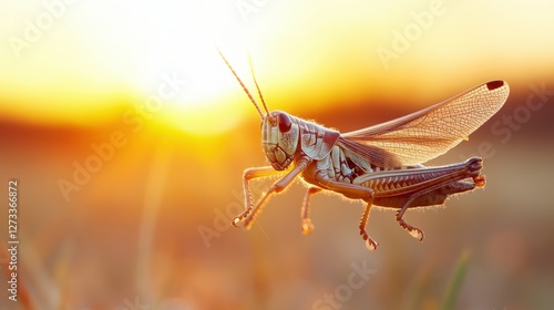 Wallpaper Mural A stunning close-up of a grasshopper in flight against a golden sunset background, highlighting the natural beauty and intricate details of this remarkable insect in motion. Torontodigital.ca