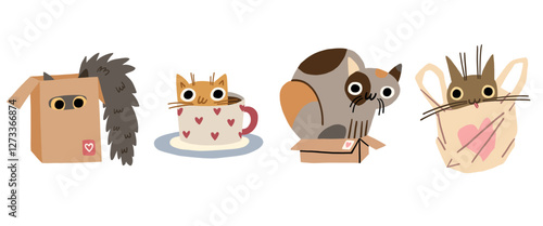 Cute funny cats of different breeds sit in various items: cardboard boxes, a mug, a bag. Adorable feline animals, clumsy amusing kitties playing in hilarious positions. With heart for valentine's day.
