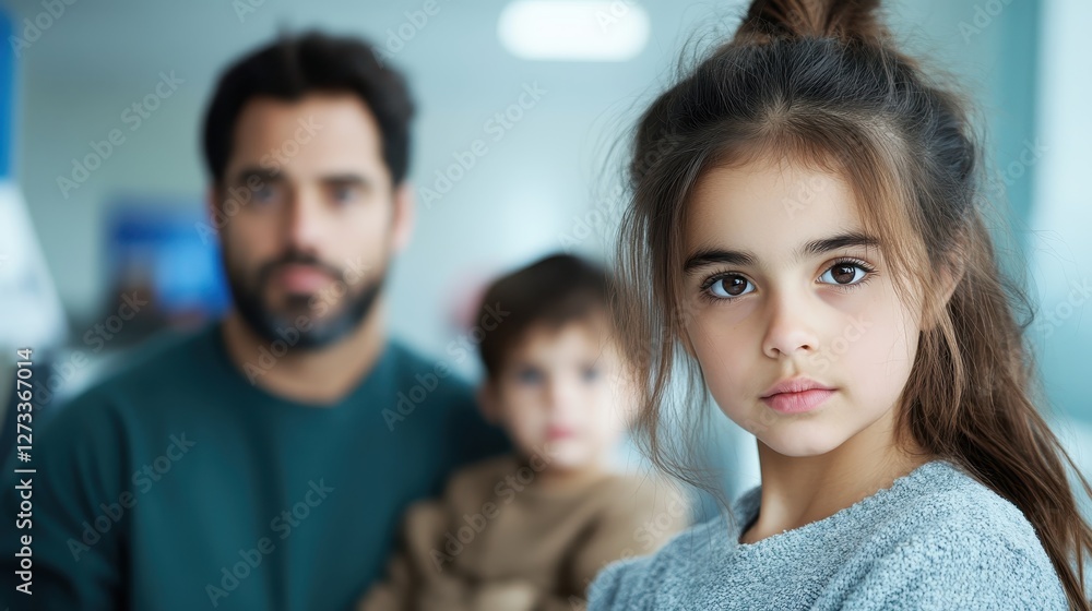 An innocent young girl gazes thoughtfully into the distance, showcasing her expressive eyes while a loving family backdrop adds depth to her contemplative demeanor. An innocent young girl gazes thoughtfully into the distance, showcasing her expressive eyes while a loving family backdrop adds depth to her contemplative demeanor.