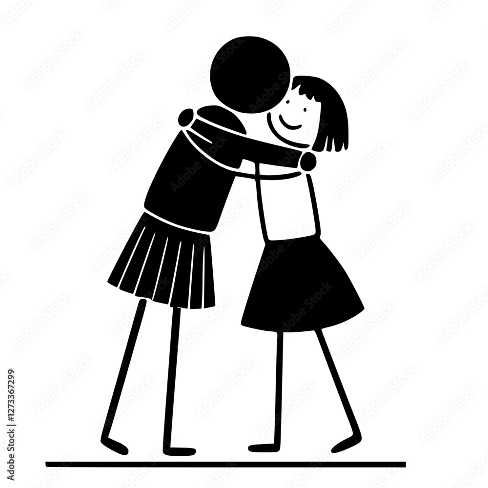 Stick figure illustration of two girls hugging, expressing warmth and friendship, vector SVG Stick figure illustration of two girls hugging, expressing warmth and friendship, vector SVG