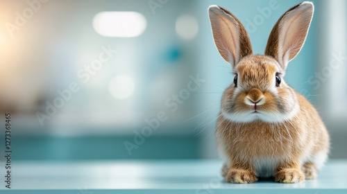 A cute brown bunny sits adorably on a table, with a soft-focus background, evoking feelings of warmth, innocence, and joy in a tranquil setting.