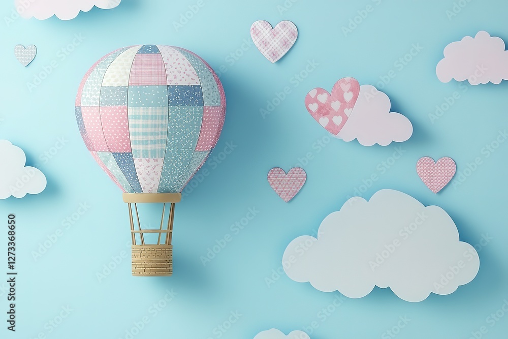 Obraz premium Cute Patchwork Hot Air Balloon Against a Sky of Clouds and Hearts