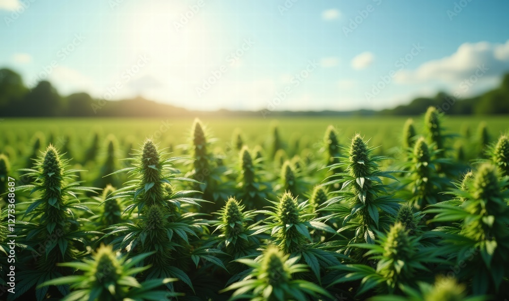 Breathtaking view of a hemp field under a sunny sky, showcasing the lush greenery and vibrant growth of cannabis plants. Breathtaking view of a hemp field under a sunny sky, showcasing the lush greenery and vibrant growth of cannabis plants.