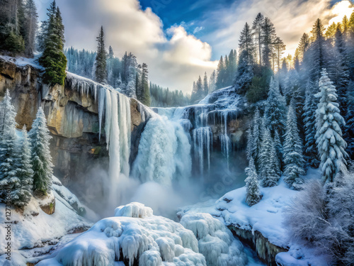 Majestic frozen waterfall cascades down rugged mountain slope, surrounded by snow