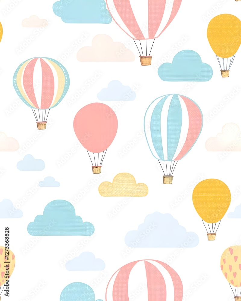 Seamless pattern fabric featuring tiny colorful hot air balloons on a light background Seamless pattern fabric featuring tiny colorful hot air balloons on a light background
