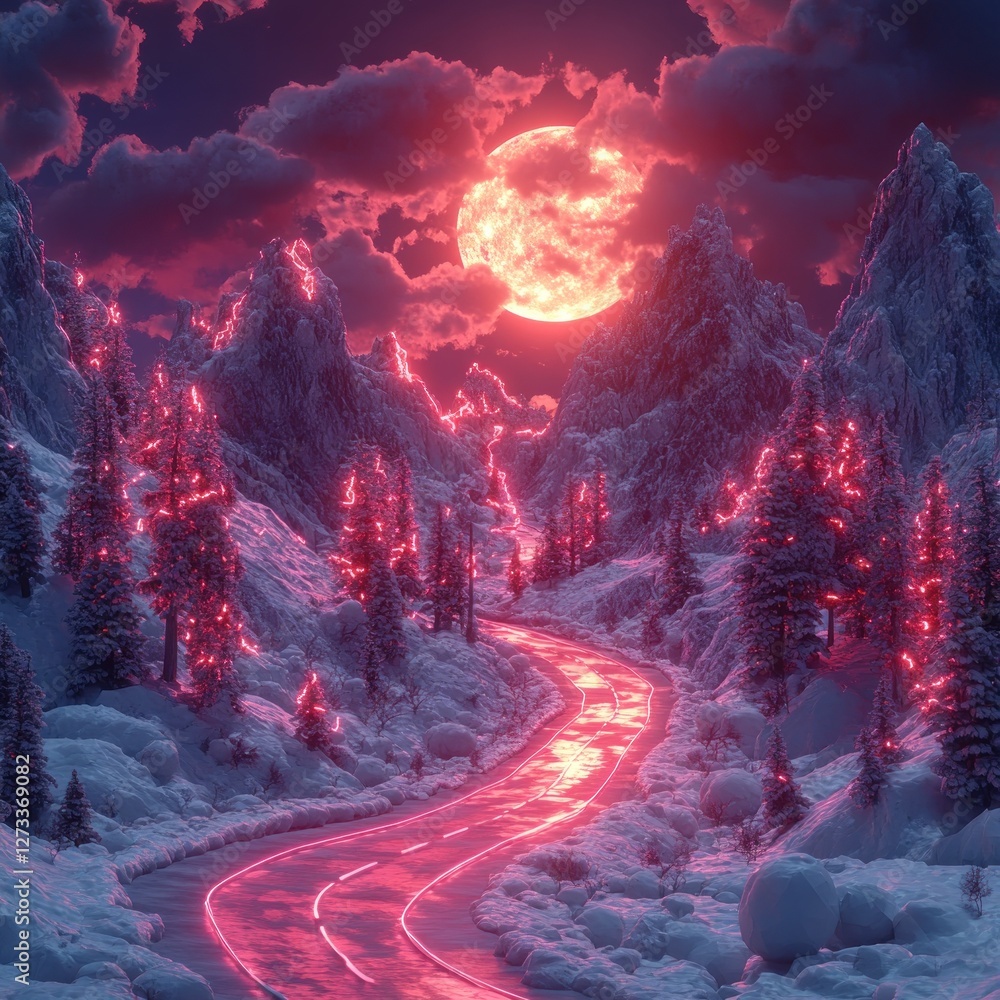 Fototapeta premium Red Moonlit Winter Road Winding Through Snowy Mountains