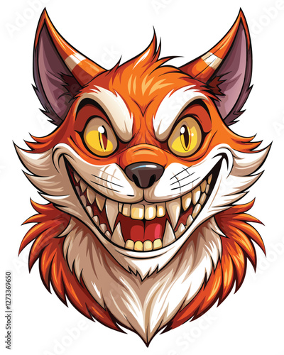 Render a sly fox with a grotesquely distorted Cheshire Cat grin, emphasizing mischievousness and a thick, bushy tail.  High detail, digital painting.