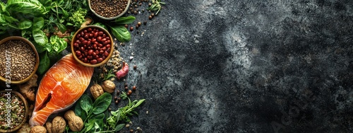 Balanced diet food background. Organic food for healthy nutrition, superfoods, meat, fish, legumes, nuts, seeds and greens