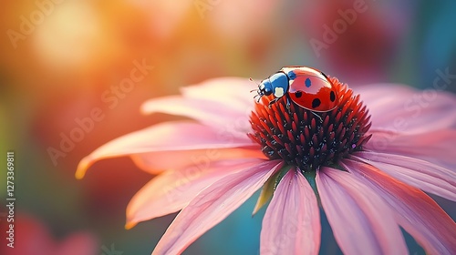 Ladybug on purple flower with sunny background, nature, wildlife, macro, close-up for beauty