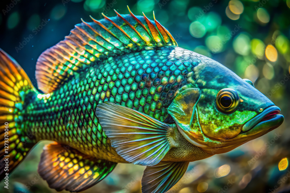 Iridescent scales shimmer on vibrant fish in aquatic environment Iridescent scales shimmer on vibrant fish in aquatic environment