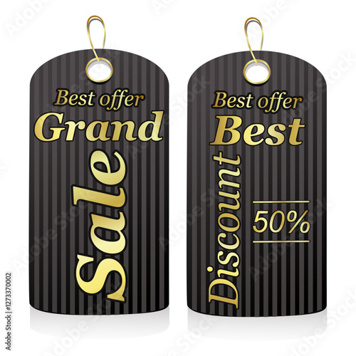 set of black labels with gold text big sale and best 50% discount