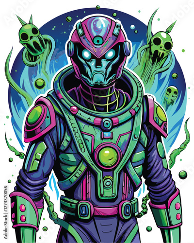 A futuristic space explorer, their suit adorned with glowing alien flora, stands on an alien planet.  The glow illuminates the desolate landscape.