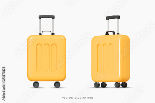 3D Yellow wheeled suitcase for travel. Cabin luggage. Plastic bag for flight. Journey concept. Time to tourism and vacation. Booking your next trip. Cartoon design icon set. 3D Vector illustration