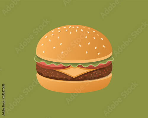 Cartoon hamburger, stylized fast food illustration, sesame seed bun, cheese slice, beef patty, minimal design, flat color palette, olive green background, simple vector graphic,