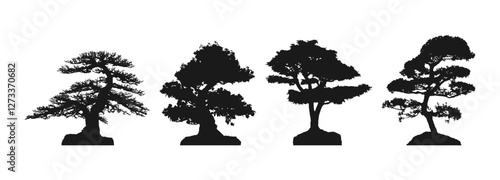 Silhouettes of different trees isolated on the transparent background. Tree without leaves, deciduous tree, pine. Black bonsai tree silhouette, separately. Set of plants. Elements of the landscape