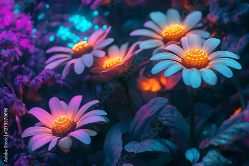Colorful daisies with glowing flowers in the night garden. Vibrant fantasy background.