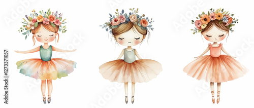 Watercolor set of cute ballerinas. Little girls dressed in ballerina skirts, pointe shoes and a flower wreath on their heads. Cute ballerina dancers watercolor. vector illustration.