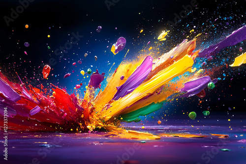 Unstoppable Force - A dynamic abstract expression of neon red, purple, and yellow oil brush strokes conveying raw power and the intensity of an adrenaline rush in vibrant motion