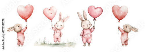 Watercolor set of cute rabbits holding a heart-shaped balloon. Cute bunnies in pink overalls with a pink balloon. Concept of cute children's characters, characters for romantic holiday cards.