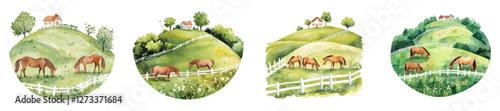 Watercolor set of meadows with horses. Farm meadow with a house, a white fence, trees and horses grazing on a meadow with green grass and flowers. Village and farm concept. Horse grazing. 