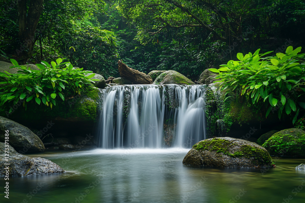 Naklejka premium Waterfall in the rainforest, green mossy rocks and plants around, peaceful nature scene, fantasy photography, high resolution.
