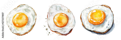 Watercolor fried eggs set png. Appetizing fried eggs with whole yolk and fried crust. Breakfast and protein nutrition concept. Vector illustration.
