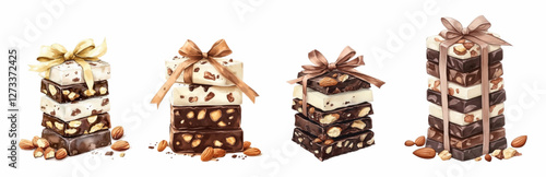 Watercolor set of black, white and milk chocolate with pieces of nuts wrapped with a satin ribbon in a bow. Watercolor pieces of chocolate with nuts. Concept of sweets, confectionery, gifts, etc. 