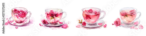 Watercolor set of cups with hibiscus tea and decorated with rose flowers and petals. Glass transparent cups with tea with hibiscus inflorescences. Pink hibiscus tea. Vector illustration.