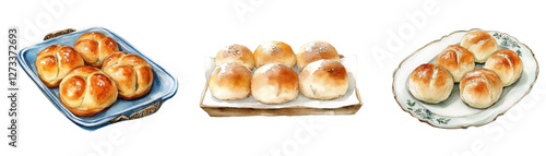 Watercolor set of butter buns on a baking sheet. Wheat sourdough baked buns watercolor. Concept of baking, rustic food, muffin etc. Vector illustration.