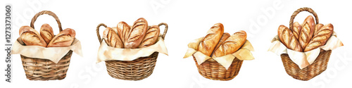 Watercolor set of wicker baskets with freshly baked baguettes with golden sprinkles png. Appetizing fresh baguettes glazed on parchment paper in a basket. Concept of bakery, counter, fresh bread, etc.