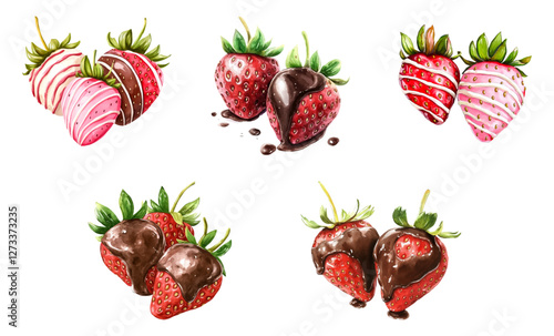 Watercolor set of strawberries in chocolate. Red strawberries covered with milk white and dark chocolate. Desserts strawberries in chocolate. Vector illustration.