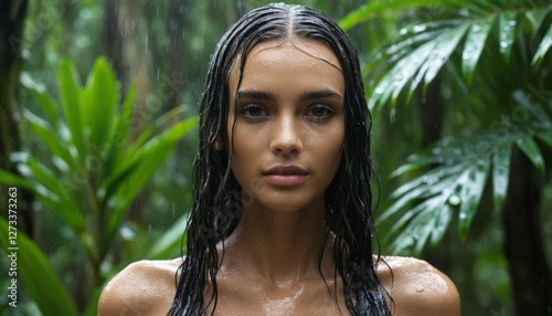 A woman stands in a lush rainforest, her wet hair glistening with droplets from the surrounding foliage, embodying the beauty of nature and connection with the environment. photo