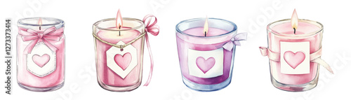 Watercolor set of candles in glasses with a heart. Romantic pink candles with a burning wick in a transparent glass, decorated with a satin ribbon bow and a heart sticker. Romantic candles.
