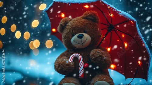 Wallpaper Mural Plush teddy holding candy cane umbrella glowing lights cozy winter night Torontodigital.ca