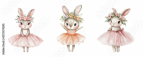 Watercolor set of cute bunny ballerinas. Cute bunnies in pink ballerina skirts and with flower wreaths on their heads. Cute watercolor rabbit girls dancers. Vector illustration.