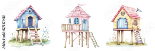 Watercolor set of children's playhouses png. Cute wooden playhouses with stairs, terrace and flag on the roof. Concept of outdoor games, tree house, outdoor playhouses. Vector illustration.
