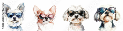 Watercolor set of cute dogs in sunglasses. Cute little dogs in sunglasses, lapdog, chihuahua and others. Realistic portraits of dogs. Vector illustration.