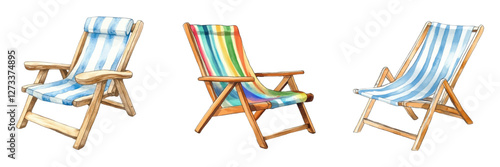Watercolor set of beach loungers. Folding striped and wooden beach loungers. Concept of beach vacation at sea, by the pool, etc. Summer vacation and sunbathing. Vector illustration.