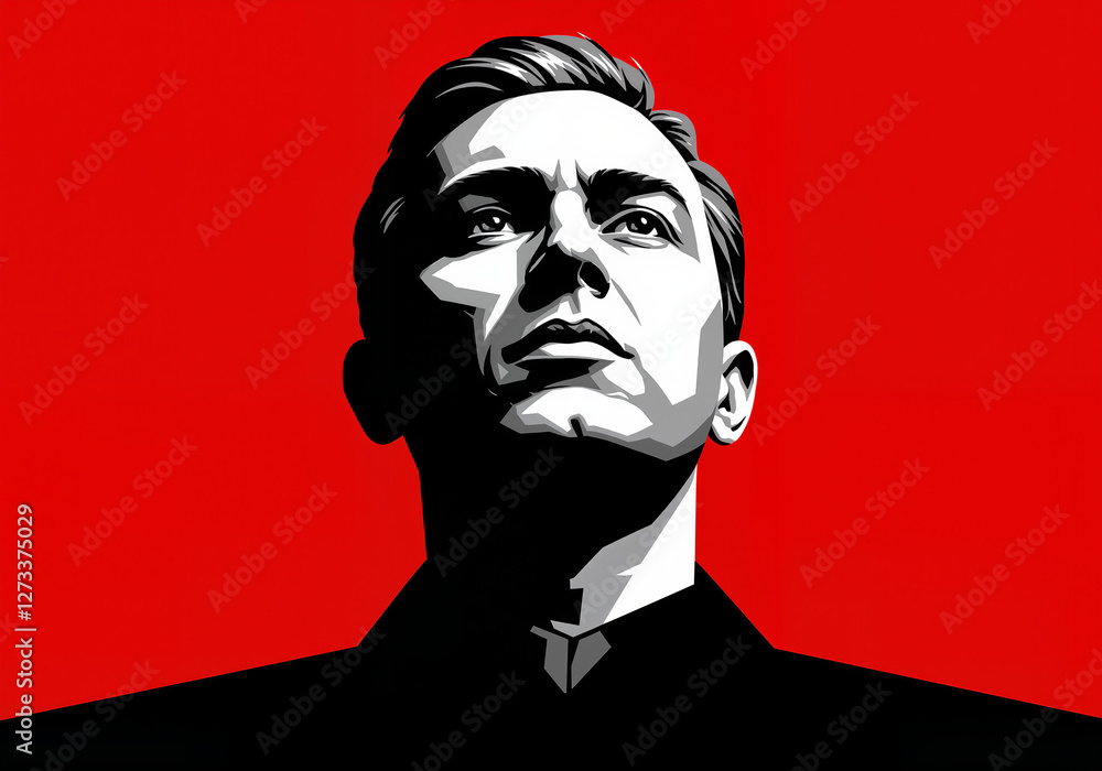 Man looking upwards with determination against a red background Man looking upwards with determination against a red background