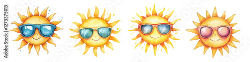 Watercolor set of cute sun character in sunglasses png. Happy yellow sun with sunglasses smiling. Hot summer season concept. Vector illustration.