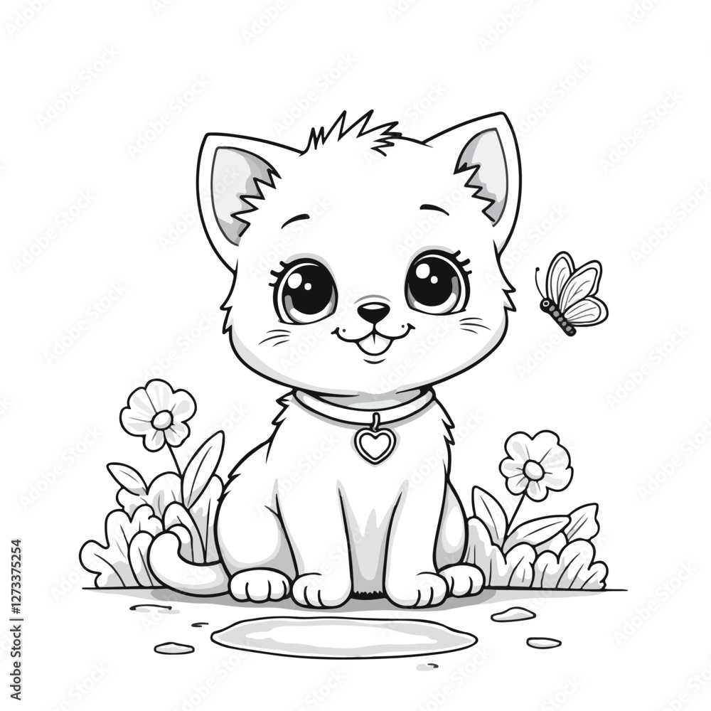 Cute Black and White Kitten with Large Eyes in a Meadow of Flowers with Butterfly for Coloring.