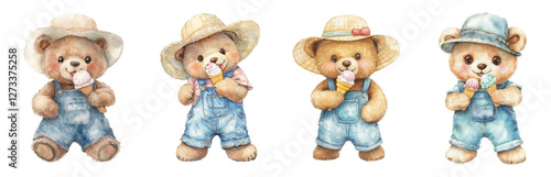 Set of cute teddy bears eating ice cream. Watercolor bears in summer denim overalls and hats eating ice cream cones. Cartoon cute teddy bears. Vector illustration.