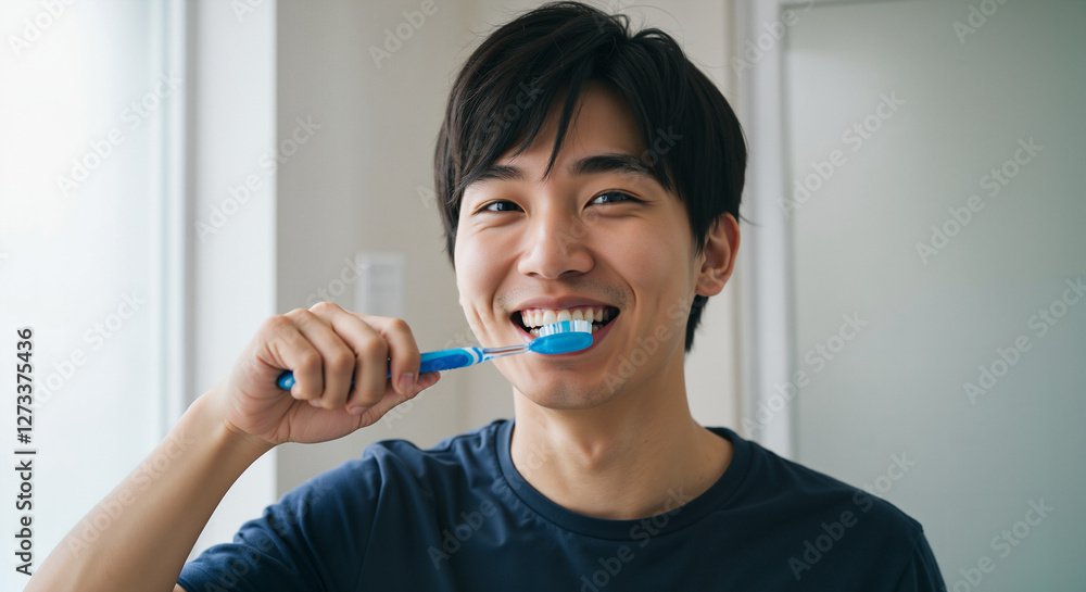 Smiling Asian man brushing teeth with blue toothbrush at home Smiling Asian man brushing teeth with blue toothbrush at home