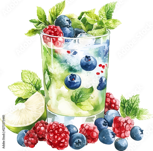 Watercolor refreshing berry and herbal drink in a tall transparent glass. Drink with ice cubes, juicy blueberries and raspberries, as well as fresh green mint leaves and lime. 