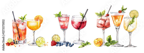 Watercolor set of cocktails png. Various cocktails Aperol, Mojito, Margarita and others. Cocktails in glasses with fruits, berries and ice. Alcoholic drinks. Bar concept.